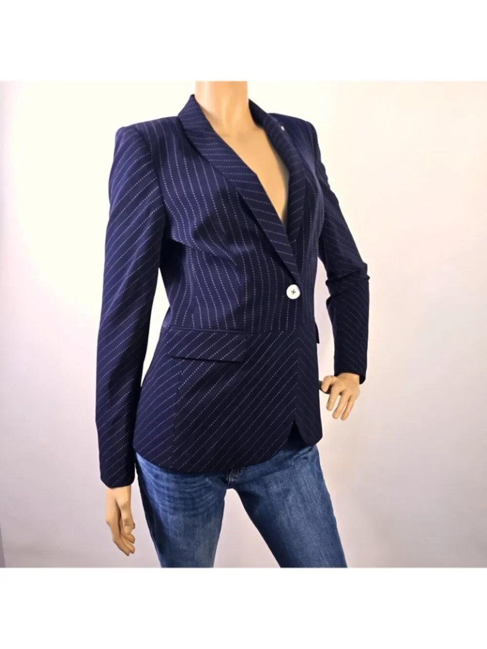 Tommy Hilfiger Blazer Jacket Classic Navy Blue Pinstripe 1 Button Front Sz 4